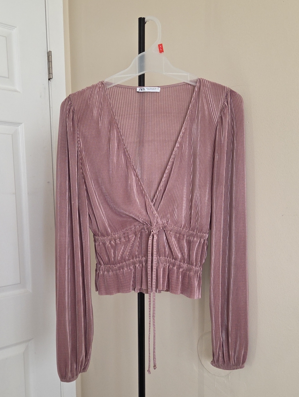Zara Mauve Velvet Pleated Wrap V-Neck Ruched Tie Waist Long Sleeve Top Y2K